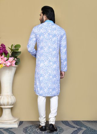 Men Aqua Blue Cotton Kurta Pyjama with Print Work