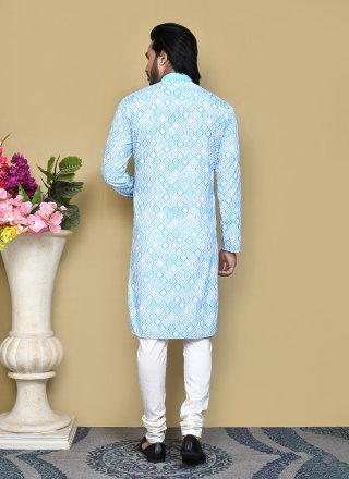 Men Aqua Blue Cotton Print Work Kurta Pyjama