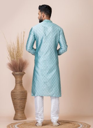 Men Aqua Blue Jacquard Silk Print Work Kurta Pyjama