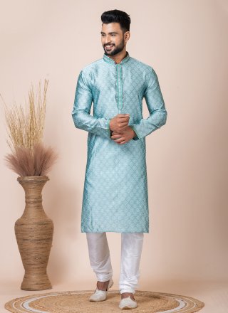 Men Aqua Blue Jacquard Silk Print Work Kurta Pyjama