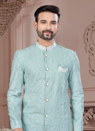 Men Aqua Blue Silk Machine Embroidery and Thread Work Sherwani Mens Wear