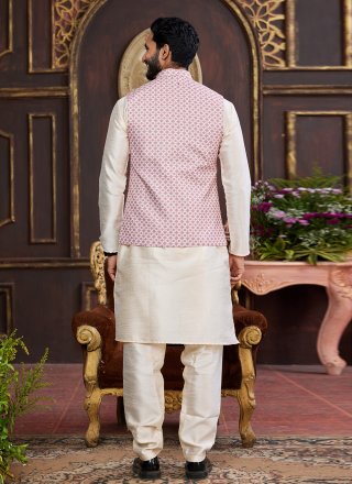 Men Beige Art Silk Kurta Payjama with Jacket with Digital Print Work