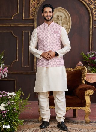 Men Beige Art Silk Kurta Payjama with Jacket with Digital Print Work