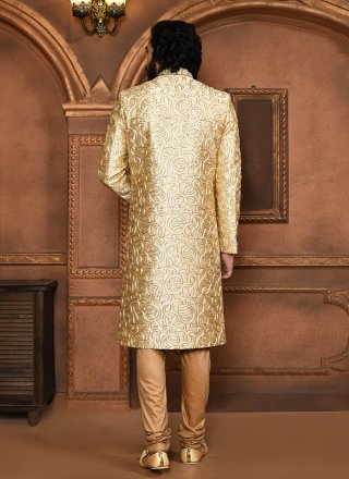 Men Beige Art Silk Sherwani Mens Wear with Embroidered, Hand and Resham Work