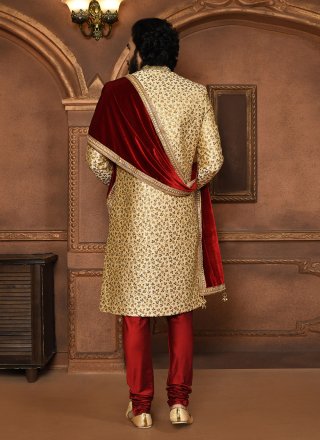Men Beige Art Silk Sherwani Mens Wear with Embroidered, Hand and Resham Work