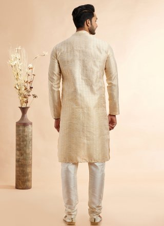 Men Beige Jacquard Silk Machine Embroidery Work Kurta Pyjama