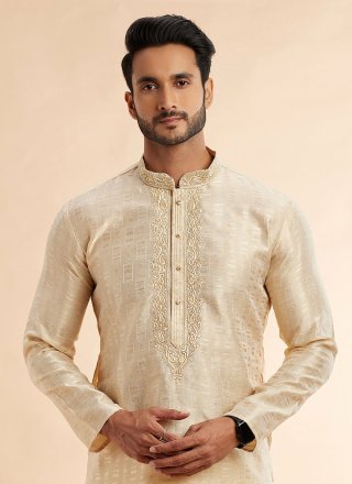Men Beige Jacquard Silk Machine Embroidery Work Kurta Pyjama