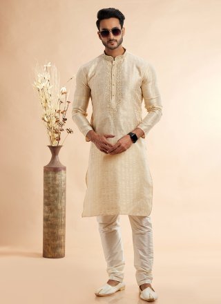 Men Beige Jacquard Silk Machine Embroidery Work Kurta Pyjama