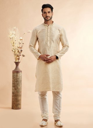Men Beige Jacquard Silk Machine Embroidery Work Kurta Pyjama