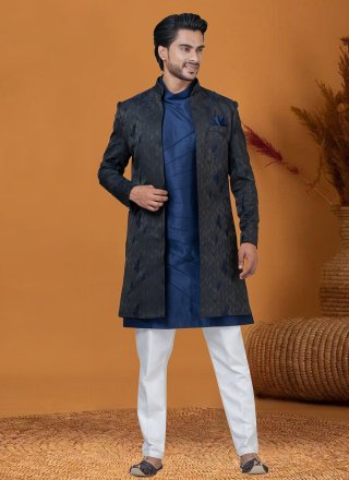 Men Black and Blue Jacquard Silk Indo Western with Jacquard Work