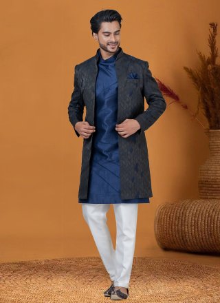 Men Black and Blue Jacquard Silk Indo Western with Jacquard Work