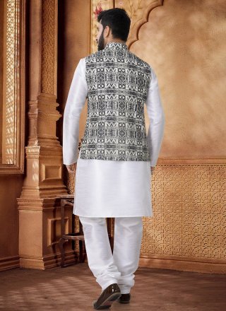 Men Black and White Cotton Kurta Payjama with Jacket with Embroidered, Sequins and Thread Work