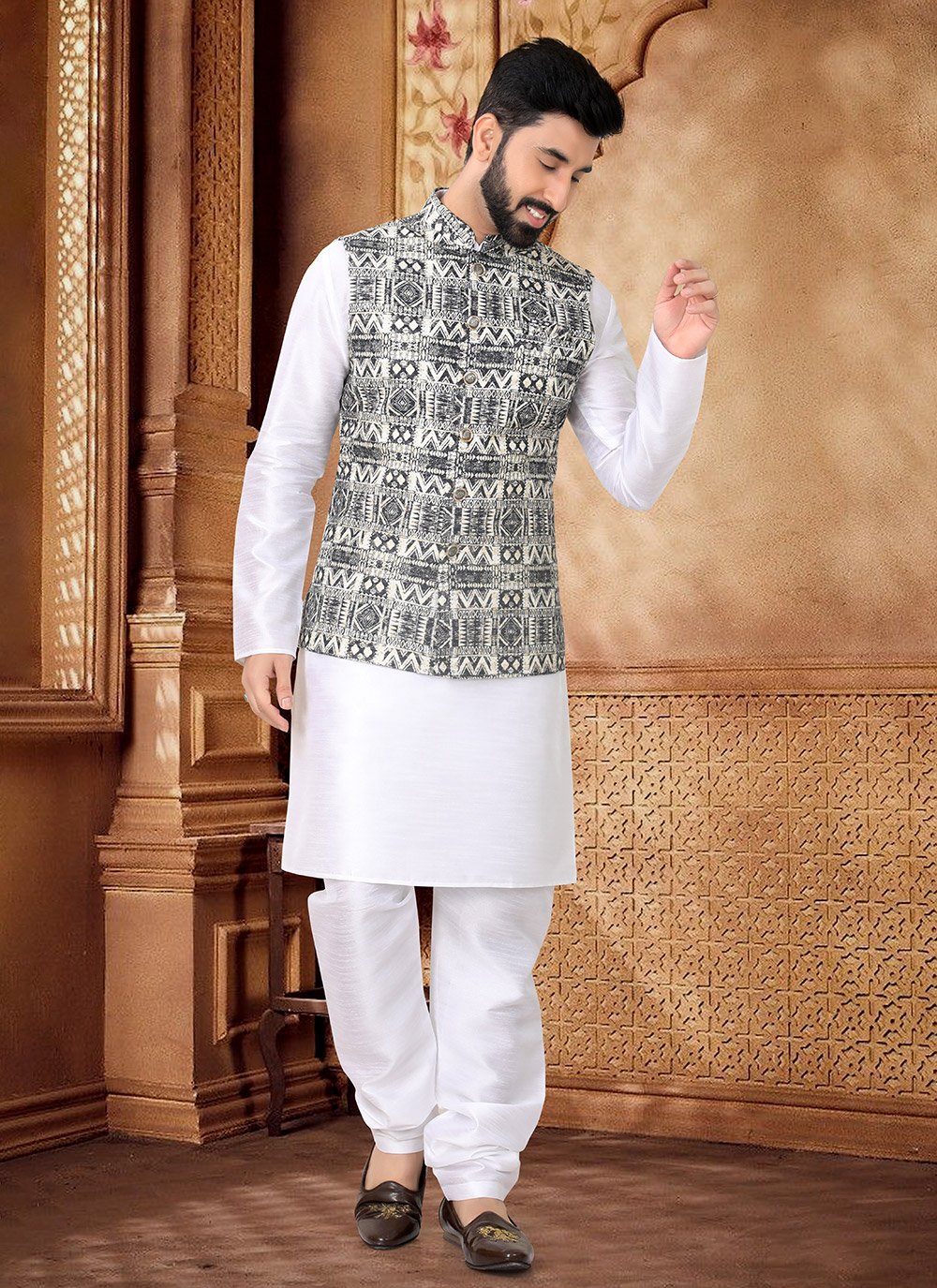 White Kurta Pajama With Wasket Floral Basket With White Kurta
