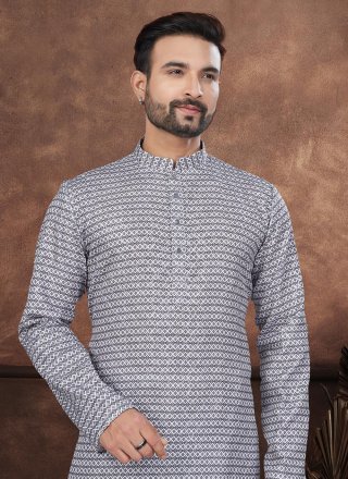 Men Black and White Jacquard Kurta Mens Wear with Digital Print Work