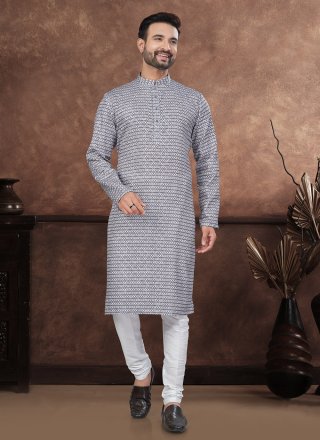 Men Black and White Jacquard Kurta Mens Wear with Digital Print Work