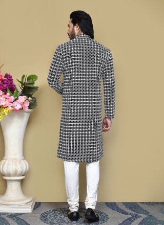 Men Black Cotton Kurta Pyjama with Buttons, Embroidered, Fancy and Resham Work