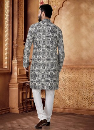Men Black Cotton Kurta Pyjama with Embroidered, Sequins and Thread Work