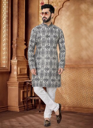 Men Black Cotton Kurta Pyjama with Embroidered, Sequins and Thread Work