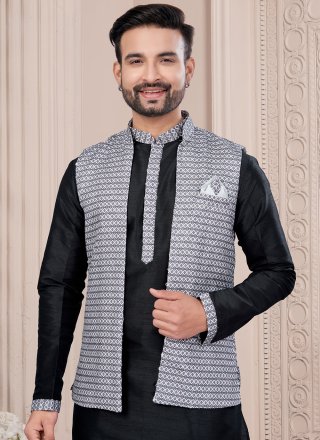 Men Black Dupion Silk Fancy Work Kurta Payjama with Jacket