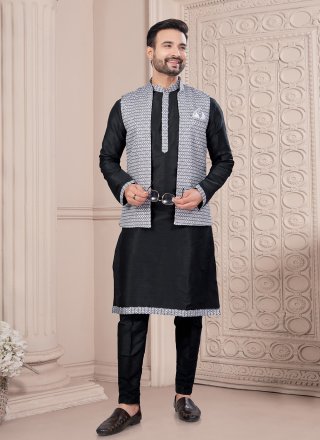 Men Black Dupion Silk Fancy Work Kurta Payjama with Jacket