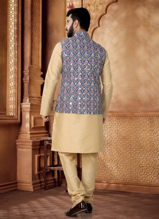 Men Blue and Gold Cotton Kurta Payjama with Jacket with Embroidered, Sequins and Thread Work