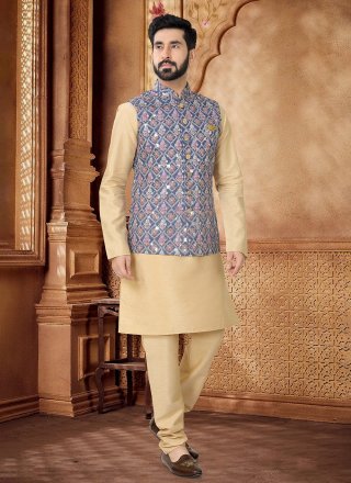 Men Blue and Gold Cotton Kurta Payjama with Jacket with Embroidered, Sequins and Thread Work