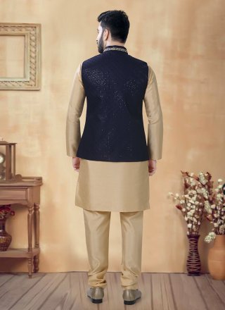 Men Blue and Gold Silk Kurta Payjama with Jacket with Embroidered, Lace, Sequins and Thread Work
