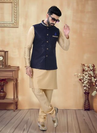 Men Blue and Gold Silk Kurta Payjama with Jacket with Embroidered, Lace, Sequins and Thread Work