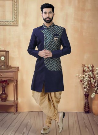 Men Blue and Green Silk Embroidered, Sequins and Thread Work Sherwani Mens Wear