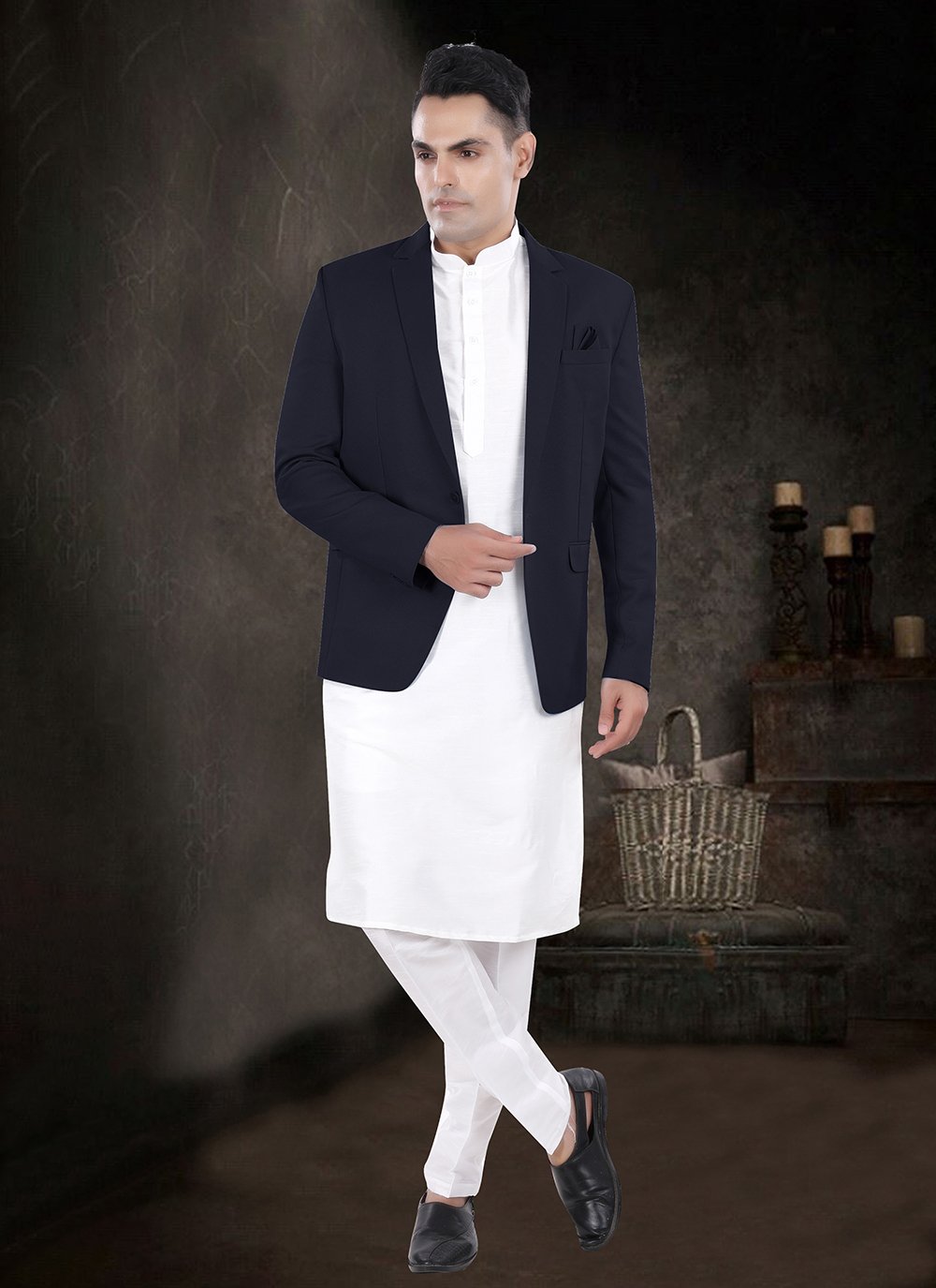 Buy Men Blue and Off White Silk Plain Work Kurta Payjama with Jacket Online