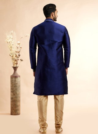 Men Blue Jacquard Silk Kurta Pyjama with Machine Embroidery Work
