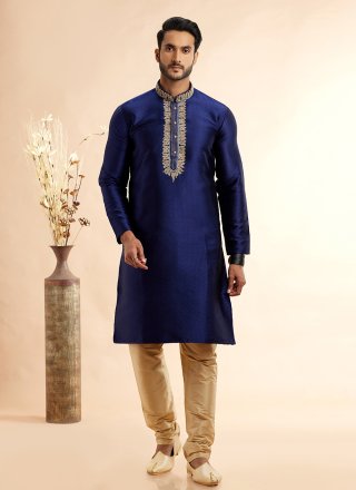 Men Blue Jacquard Silk Kurta Pyjama with Machine Embroidery Work
