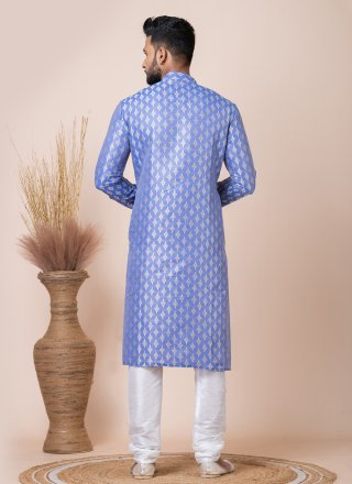 Men Blue Jacquard Silk Print Work Kurta Pyjama
