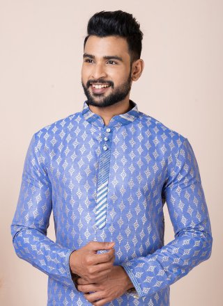 Men Blue Jacquard Silk Print Work Kurta Pyjama