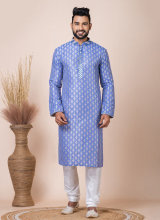 Men Blue Jacquard Silk Print Work Kurta Pyjama