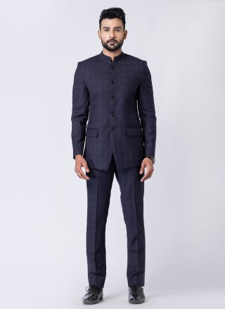 Men Blue Polyester Plain Work Jodhpuri Suit
