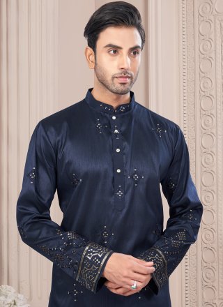 Men Blue Silk Machine Embroidery and Thread Work Kurta Pyjama