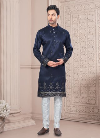 Men Blue Silk Machine Embroidery and Thread Work Kurta Pyjama