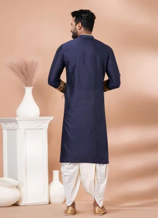 Men Blue Viscose Embroidered Work Dhoti Kurta
