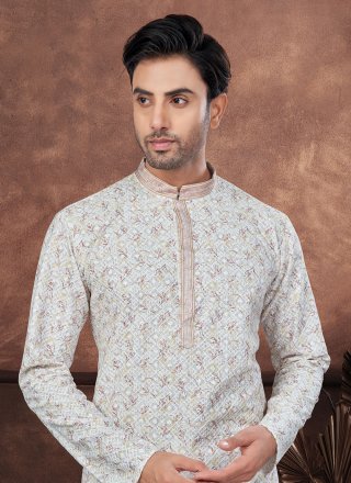 Men Brown and Off White Rayon Digital Print and Embroidered Work Kurta Mens Wear