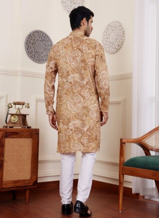 Men Brown Silk Kurta Pyjama with Print Work