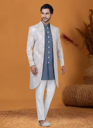 Men Cream and Grey Jacquard Silk Indo Western with Jacquard Work