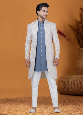 Men Cream and Grey Jacquard Silk Indo Western with Jacquard Work
