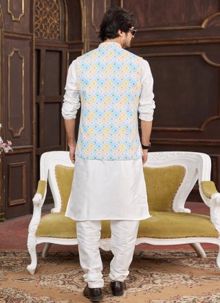 Men Cream and Multi Colour Art Silk Digital Print Work Kurta Payjama with Jacket