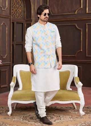 Men Cream and Multi Colour Art Silk Digital Print Work Kurta Payjama with Jacket