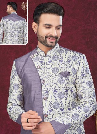 Men Cream and Purple Silk Sherwani Mens Wear with Digital Print, Jacquard and Sequins Work