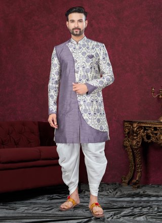 Men Cream and Purple Silk Sherwani Mens Wear with Digital Print, Jacquard and Sequins Work
