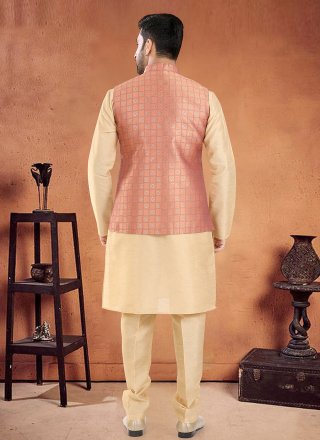 Men Cream and Rust Silk Kurta Payjama with Jacket with Embroidered and Thread Work
