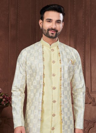 Men Cream and Yellow Banarasi Silk Buttons, Machine Embroidery and Thread Work Sherwani Mens Wear