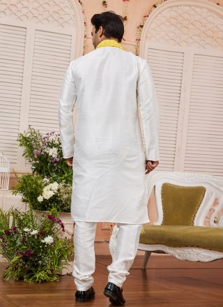 Men Cream Art Silk Plain Work Kurta Pyjama